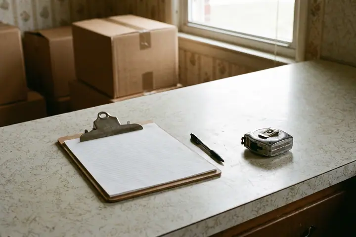 A clipboard holding a blank lined sheet, a pen and a closed steel tape measure on a speckled kitchen counter, taped cartons stacked by the window behind them