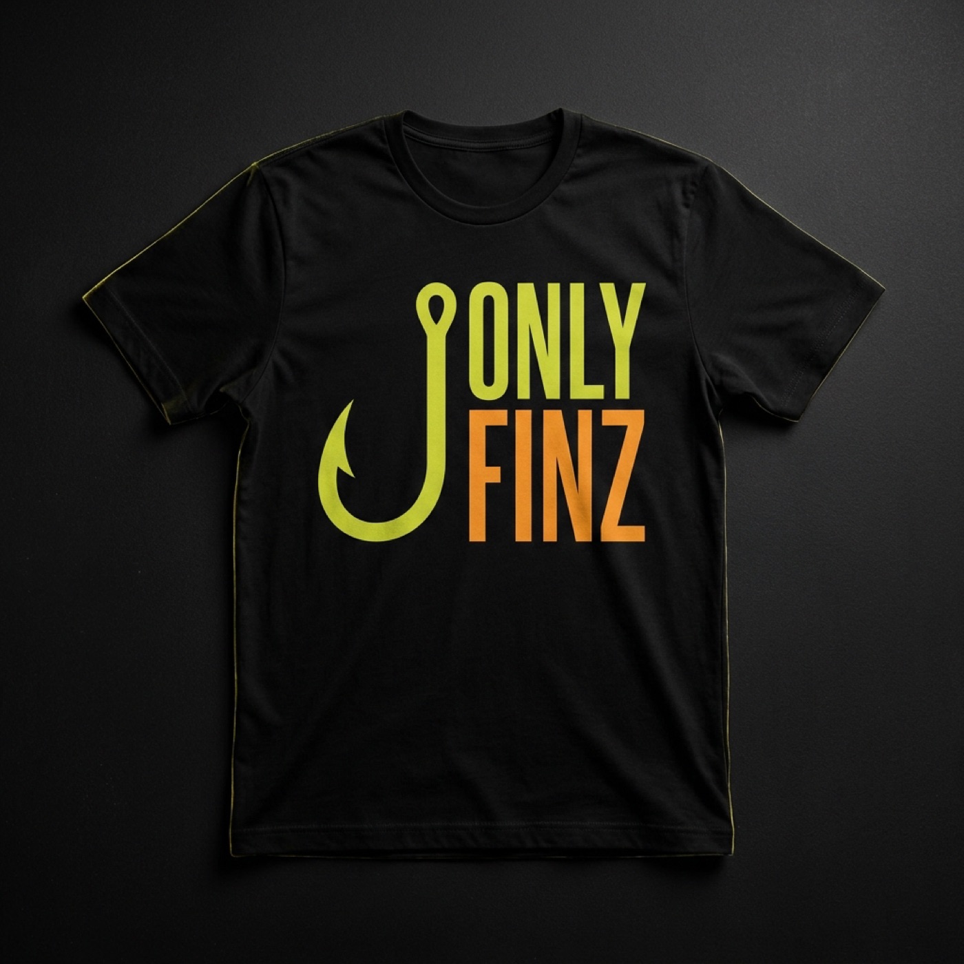 Preview of the Only Finz firetiger tee, a black shirt with a chartreuse hook print