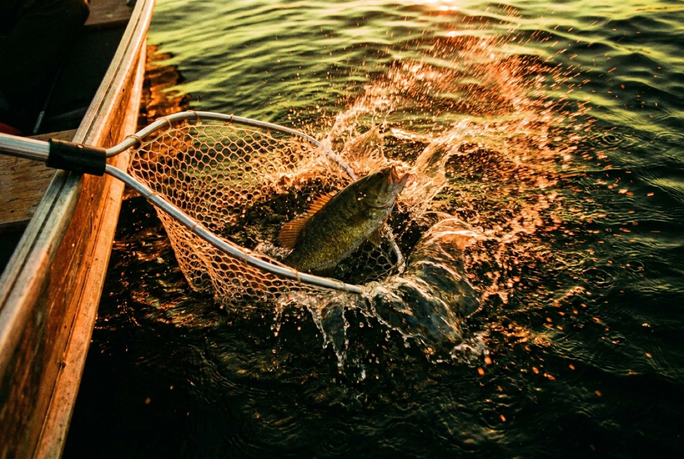 Concept shot of a landing net scooping a smallmouth bass in a burst of golden spray